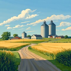 Serene rural landscape featuring silos and farmhouses under a bright blue sky