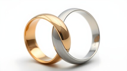two intertwined wedding rings, one made of polished yellow gold and the other of smooth silver (platinum-like) metal.