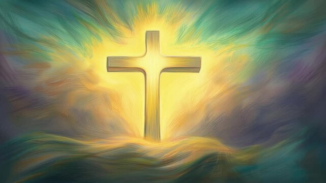 Gold Christian cross against a dramatic sky with vibrant yellow and green hues, symbolising the power and revelation of the truth of the Gospel of Jesus Christ