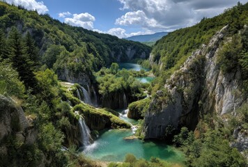 Fototapeta premium Breathtaking Nature Landscape Featuring Lush Green Forests and Serene Waterfalls Under a Bright Blue Sky with Fluffy Clouds