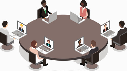 Isometric illustration of people in a virtual meeting around a round table using laptops and video calls