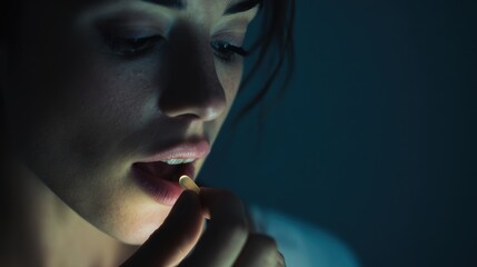 Melatonin for better sleep. A woman thoughtfully contemplating while holding a small object near her lips in dim lighting.