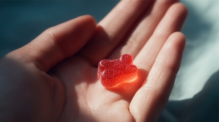 Melatonin for better sleep. A hand holding a gummy bear candy, with soft lighting emphasizing its texture.