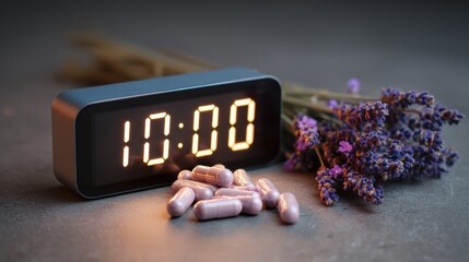 Melatonin for better sleep. Modern alarm clock with lavender and capsules at 10:00, creating a soothing atmosphere.