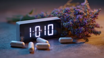 Melatonin for better sleep. Digital clock displays time alongside capsules and fresh flowers in a serene setting.