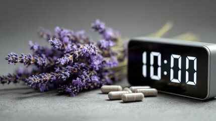 Melatonin for better sleep. A digital clock displays 10:00 alongside lavender and capsules, suggesting relaxation or wellness themes.