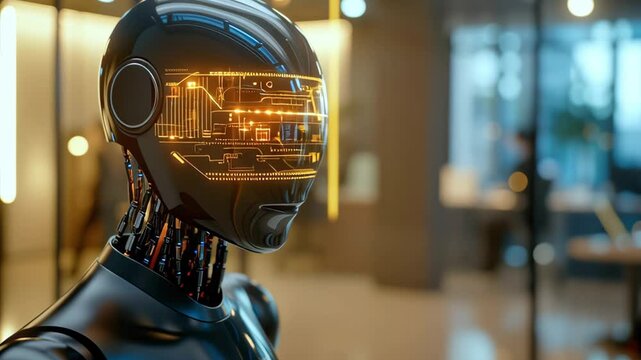 An agentic AI robot with an intricate heads up display in a modern office, showing the future of work and collaboration between humans and advanced machines in evolving business models