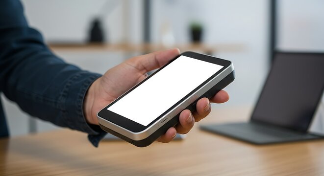 Hand holding a smartphone with a blank screen on a blurred office background - Powered by Adobe