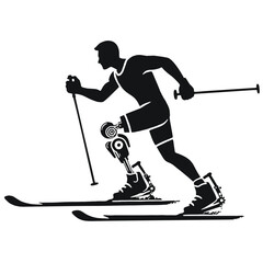 Skier with prosthesis: technological silhouette embodying determination and resilience on snowy slope.