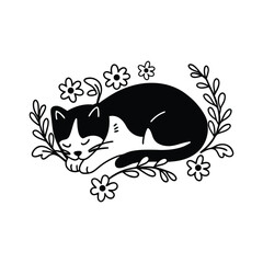 black and white floral sleeping cat vector for international cat day