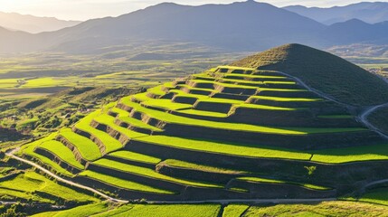 Breathtaking Green Terraced Fields on Hillside with Distant Mountains, Yunnan, China