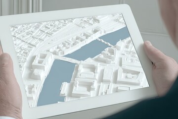 Close-up of hands holding a tablet displaying a 3D city map