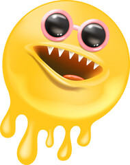 Melt Smile Character Vector, Cool Yellow Melting Face with Round Sunglasses, Sharp Teeth, Pink Outline, Funny Graphic Design, Unique Emblem, Summer Theme Art, Sticker Label Icon Mascot