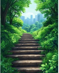 Lush green pathway leading up stone steps to a cityscape
