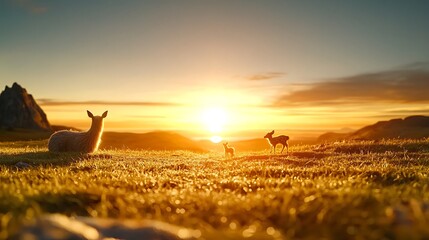 Serene sunset over a grassy landscape with deer and a sheep grazing peacefully