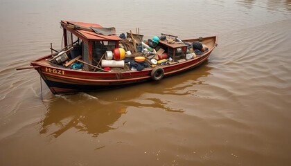 Obraz premium A rusty barge overflowing with assorted trash floats on a murky river, daytime, waterway