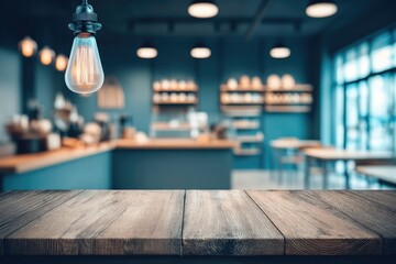 Empty wooden table in a cafe interior.  Blurred background of a coffee shop with teal walls,  various lighting fixtures, and seating areas. A vintage Edison-style bulb hangs from the ceiling