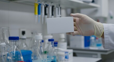 Hand holding white box in laboratory environment symbolizing pharmaceutical research