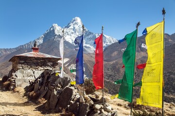 Mount Ama Dablam with buddhist prayer flags