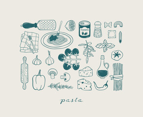 Hand drawn doodle set with elements of homemade Italian pasta. Mediterranean traditional cuisine in sketch style. Pasta, olive, cheese, tomatoes, basil. Vintage items for kitchen poster, print, menu