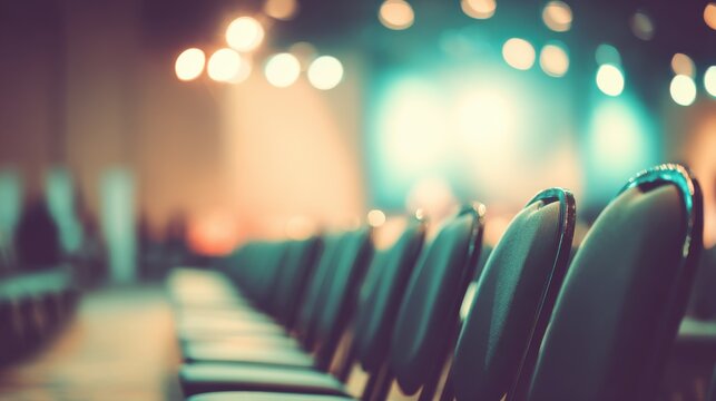 Row of neatly aligned dark chairs in a formal setting with warm orange, yellow, and teal glowing lights, blurred background suggesting a stage, calm and anticipatory atmosphere.