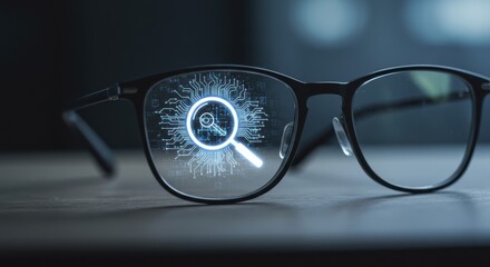 Glasses with Magnifying Glass Icon Displayed on Lens, Technology Enhanced Eye-Wear, High-Tech Optical Device for Advanced Vision Analysis