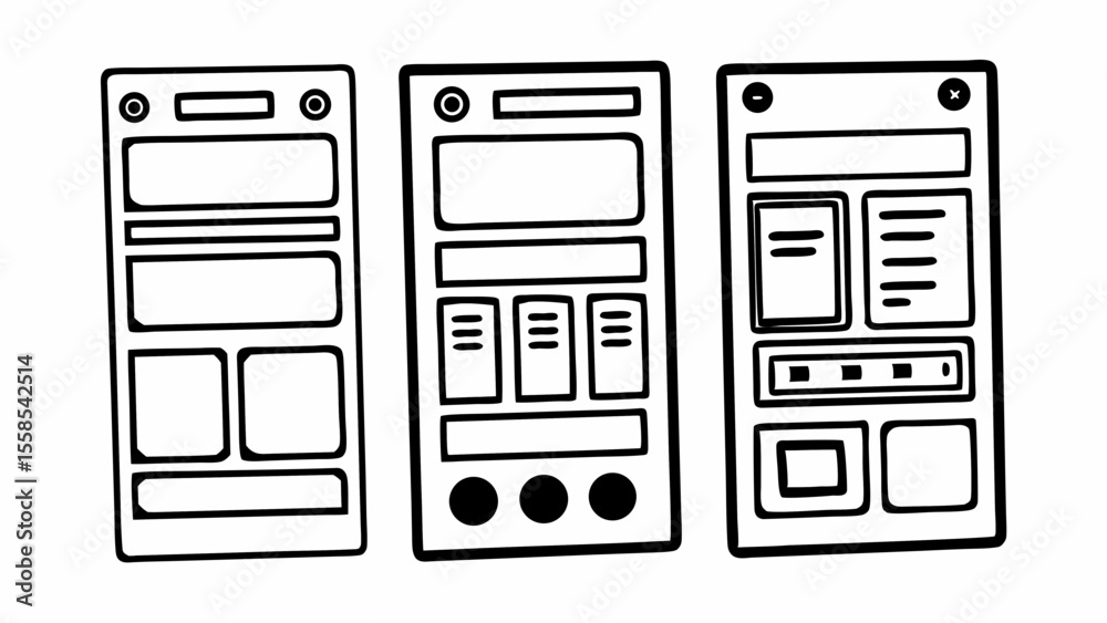 Poster three mobile app wireframes showing different layout designs with simple black and white outlines st
