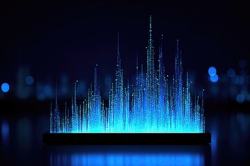A stylized digital representation of a city skyline, rendered as a collection of glowing points on a tablet-like device, with a blurred night cityscape in the background