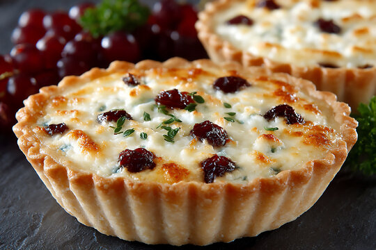 elegant cheese tartlets caramelized onions herbs.