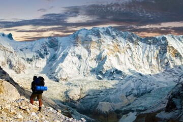 Mount Annapurna hiker sunset Nepal Himalaya mountain