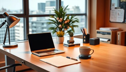 Naklejka premium Modern office desk with laptop, notebook, and coffee, business, independence