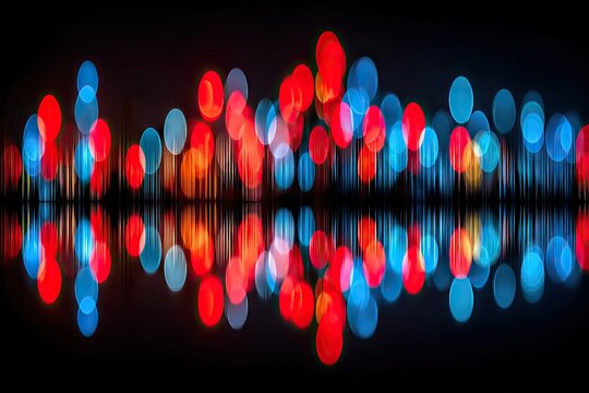 Bokeh lights mirrored, creating a sound wave effect. Vibrant red, blue, and orange circles reflect on a dark surface