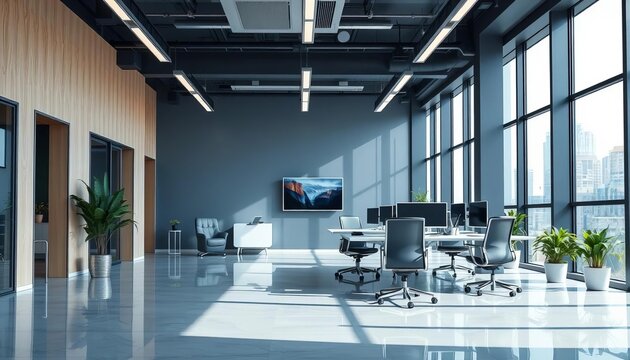 Modern office interior with sleek design and natural light, room, light