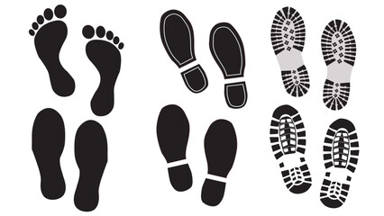 Foot print vector illustration set with shoes bare feet and boot print