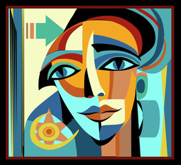 A colorful abstract portrait features geometric shapes  , creating a cubist representation of a face. The use of various hues and overlapping forms adds depth and intrigue to the composition