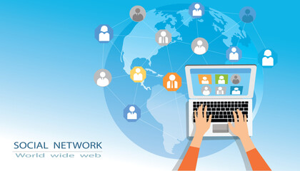 Female hands meeting people on the laptop keyboard and using social networks for communication on world wide web. people working with computer at the work desk.tecnology concept. vector, illustration