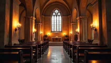 Fototapeta premium Serene Church Interior Warm Candlelight Illuminates Aged Stone Walls, Casting Gentle Shadows - Perfect for Peaceful, Religious, or Spiritual Themes