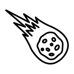 Outline style image depicts a meteor hurtling through space or atmosphere, marked by its rocky form and a flaming tail, convey speed and intensity. Related to astronomy, space exploration, science © DysOdyssey
