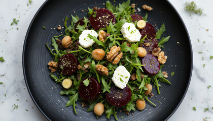 Overhead shot of beet salad with arugula goat cheese and walnuts on a dark plate on marble surface