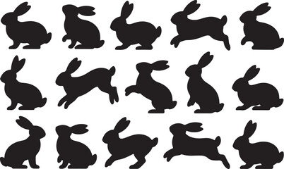 Set of rabbits silhouette in different poses. Hand drawn black silhouettes of easter bunnies isolated on white background. Vector illustration of decorative elements for design decor