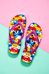Colorful Cartoon Flip-Flops on Pastel Background: Summer Fun, Kids Fashion, Bright, Playful Vibe.