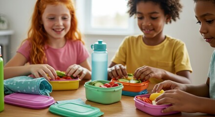Children enjoying healthy snacks together at a colorful lunch table