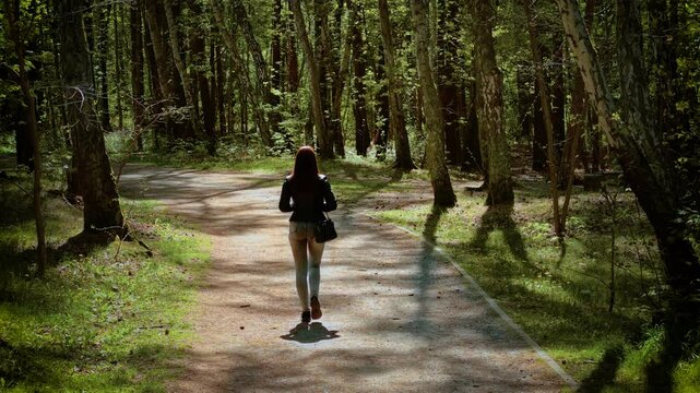 Woman walking along forest path surrounded by tall trees. Female strolling on park trail under dappled sunlight through leaves. Lady moving calmly down wooded walkway with shadows on ground