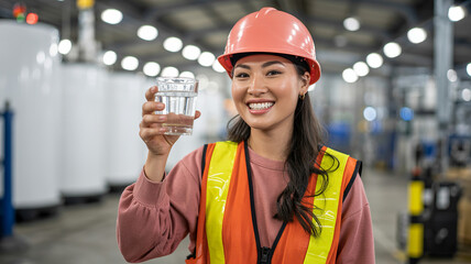 Water Quality Inspection: A confident industrial worker, adorned in safety gear, holds up a glass of clear, pristine water, showcasing commitment to quality in an industrial setting.