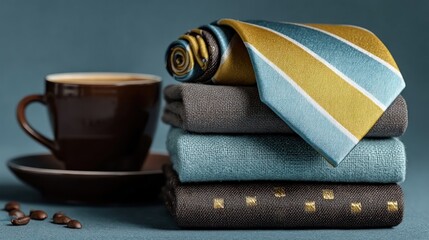 Father's Day celebration with gifts, coffee, tie, and blue background