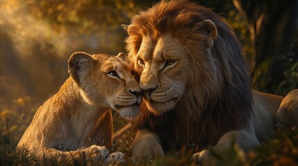 Majestic lion and lioness nuzzling affectionately at sunset in African savanna.
