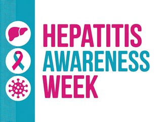 Hepatitis awareness week graphic with liver, ribbon, and virus icons on blue panel