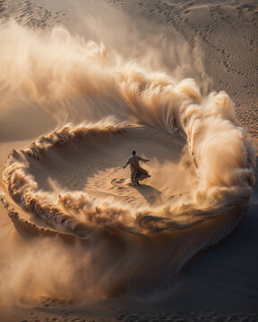 Man in sand spiral creating an immersive desert vortex