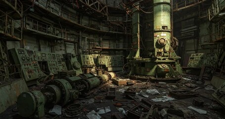 Abandoned Control Room with Rusted Machinery and Debris - Powered by Adobe