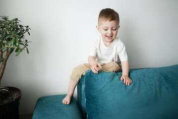 Joyful little boy climbing and playing on a teal sofa at home, smiling and having fun in a cozy modern interior with a houseplant.